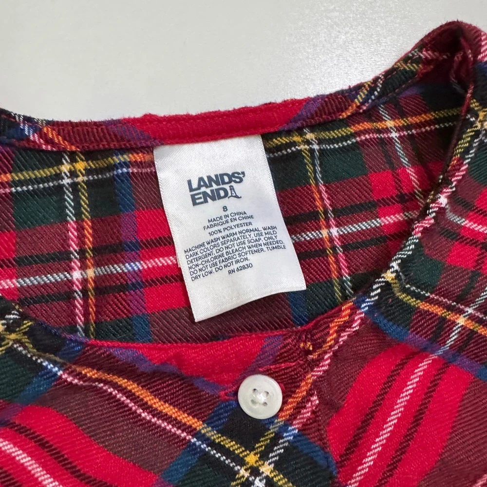 Lands' End Nightgown Girls 8 Red Plaid Holiday Flannel Long Sleeve Sleep Dress